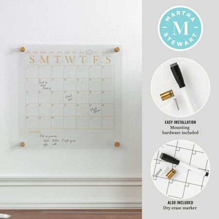 Martha Stewart Grayson Acrylic Dry Erase Wall Calendar w/Dry Erase Mrkr and Mntng Hrdwr, 14in. Sq, Clr w/Gld Prnt BR-AC-3636-GD-CLRGLD-MS